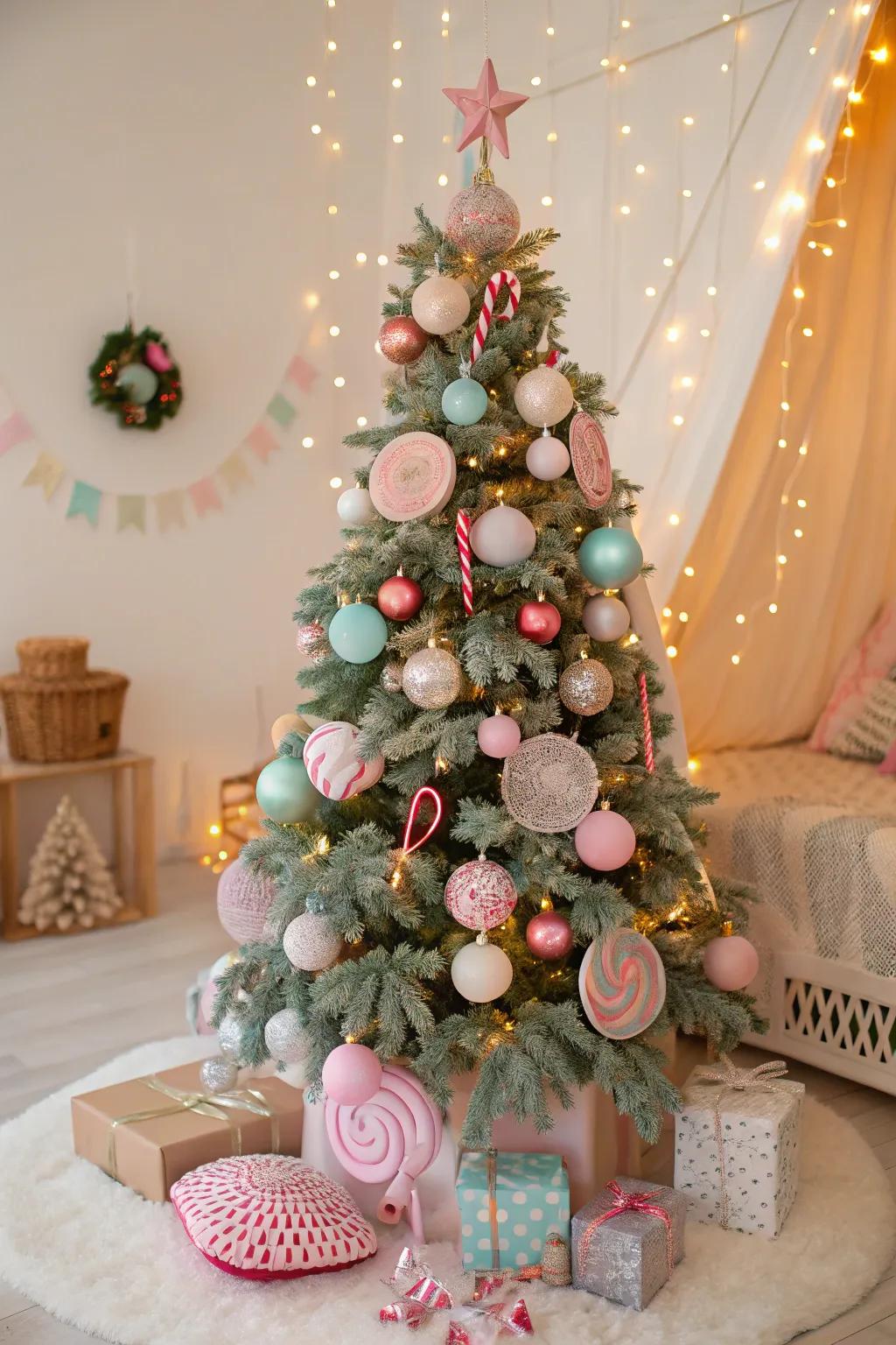 A playful Candyland-themed Christmas sphere tree for a spirited Christmas accent.