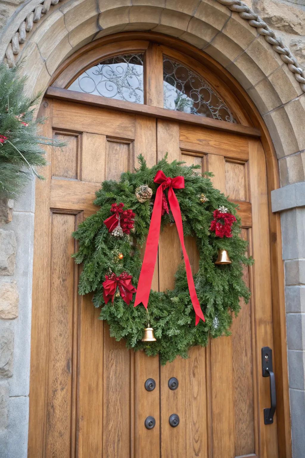 A welcoming wreath greets visitors at the church entrance.