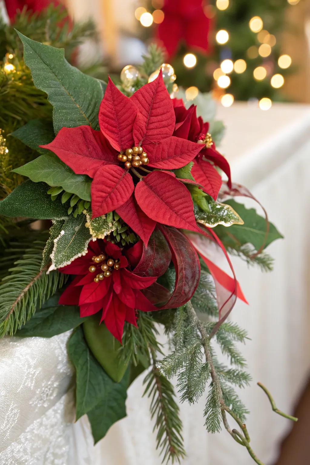 A Christmas corsage accentuating Euphorbia pulcherrima and verdant leaves.