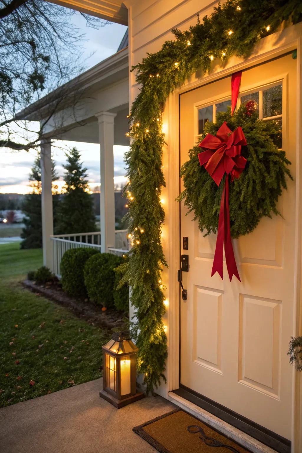 Combine nature with festive style using greenery and bows.