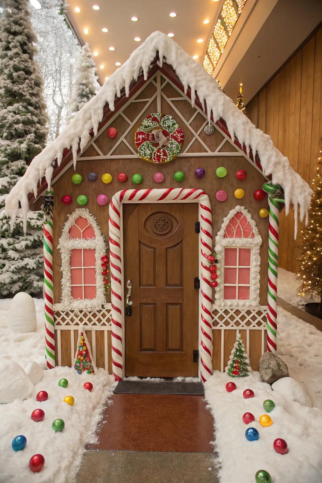 A sweet gingerbread house door perfect for the holidays.