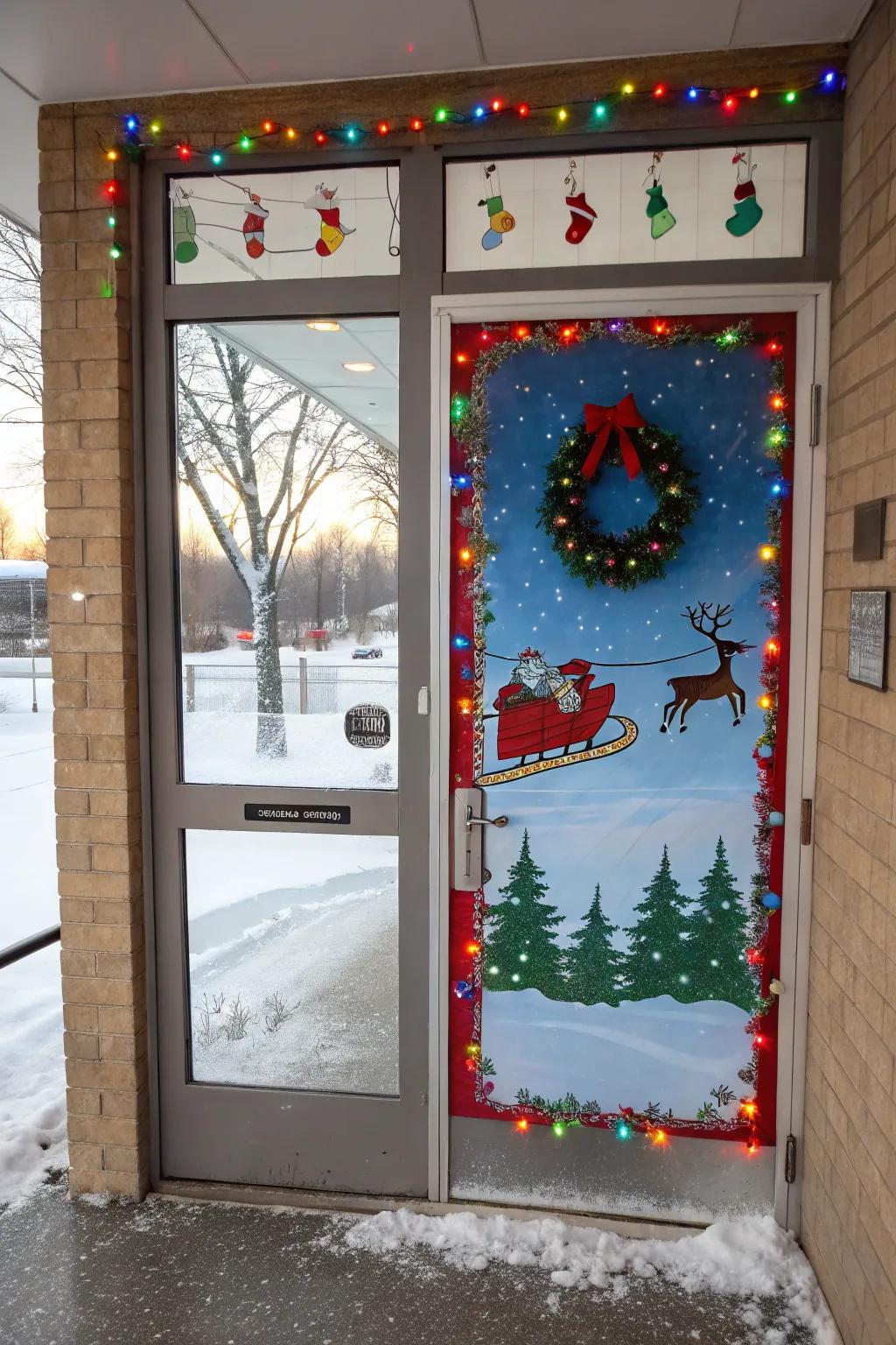 Santa's sleigh and reindeer sprint across this celebratory door.