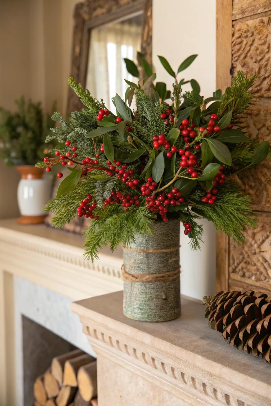 Kissing plant and red jewels make a romantic holiday centerpiece.