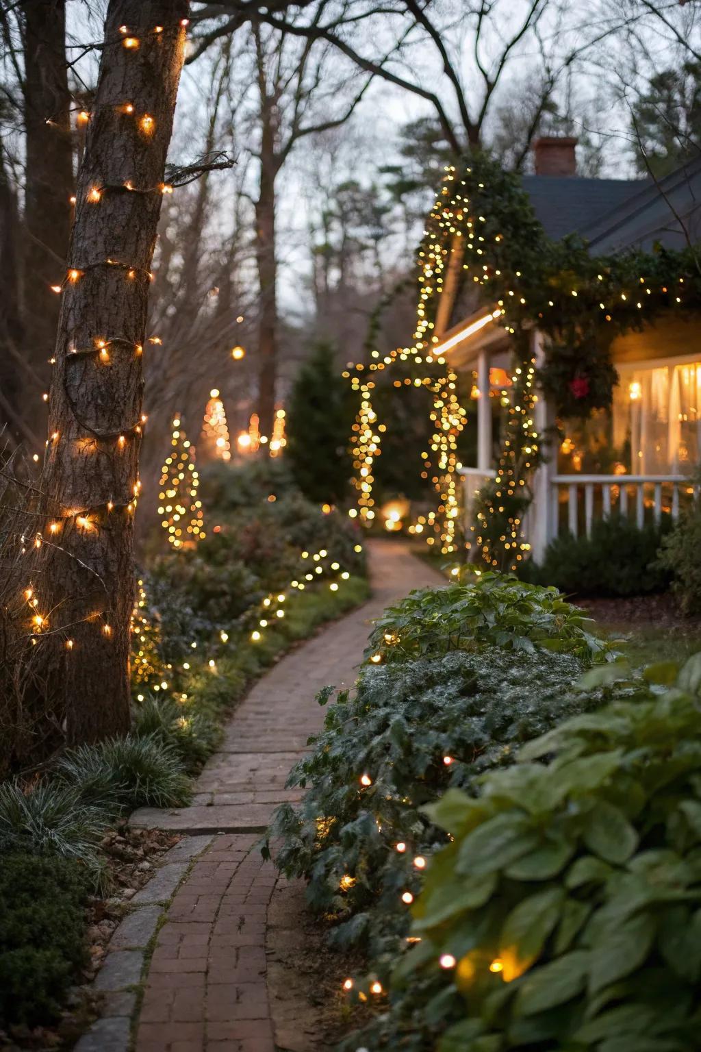A garden path beautifully illuminated with festive lights.