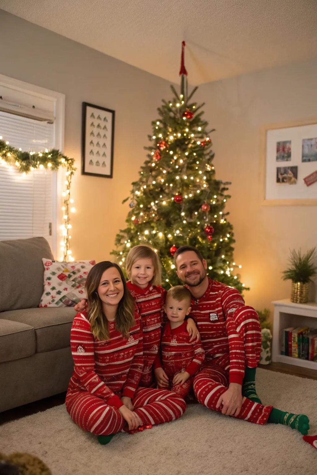 A family dressed in matching Christmas sleepwear, cultivating a comfortable and celebratory ambiance.
