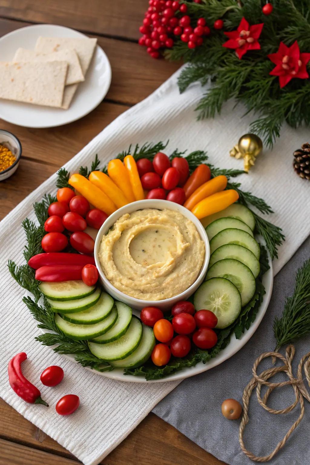 Celebratory garden vegetable garland with hummus dip.