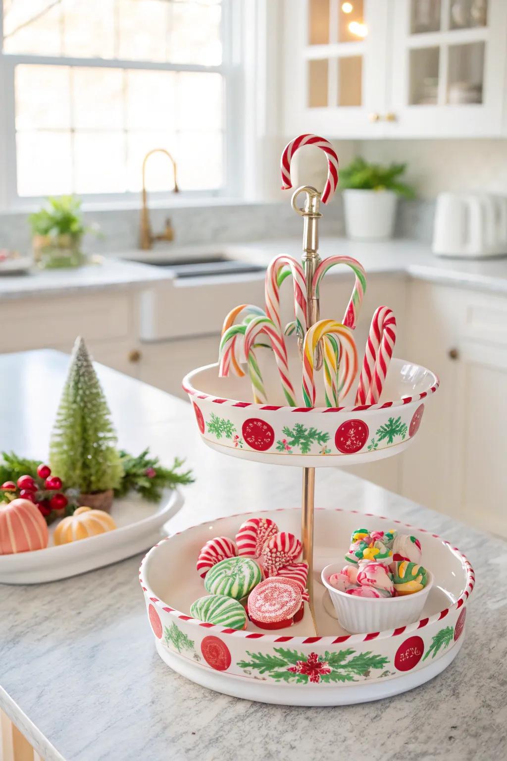 Sweet candy cane accents brighten this cheerful display.