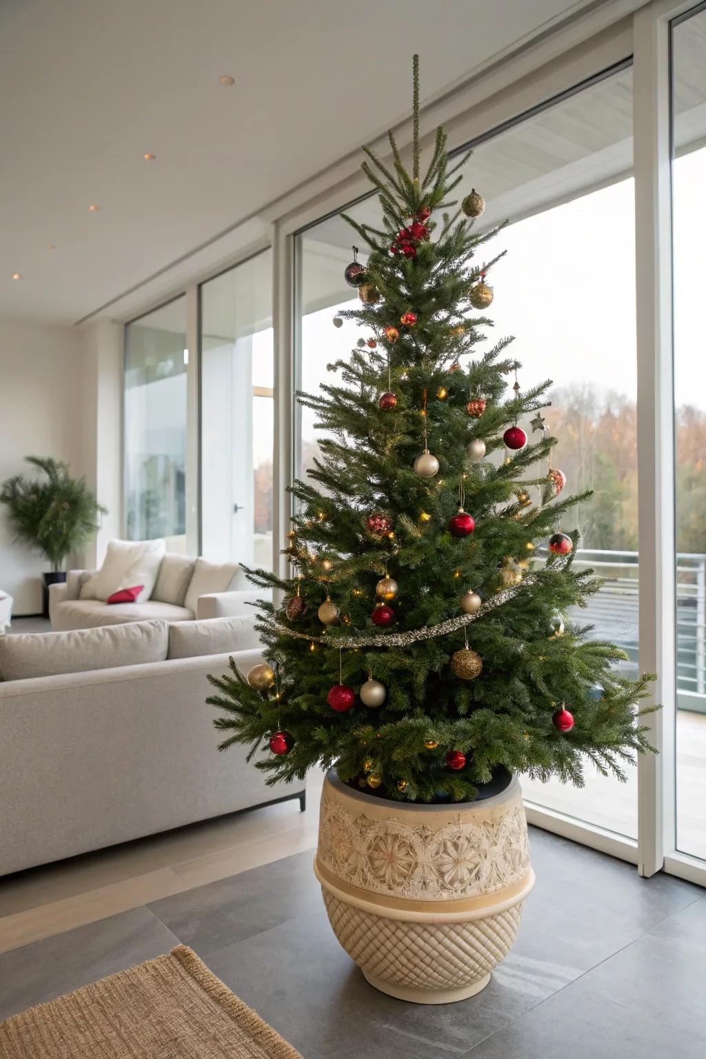 A planter adds elegance and height to your tree.