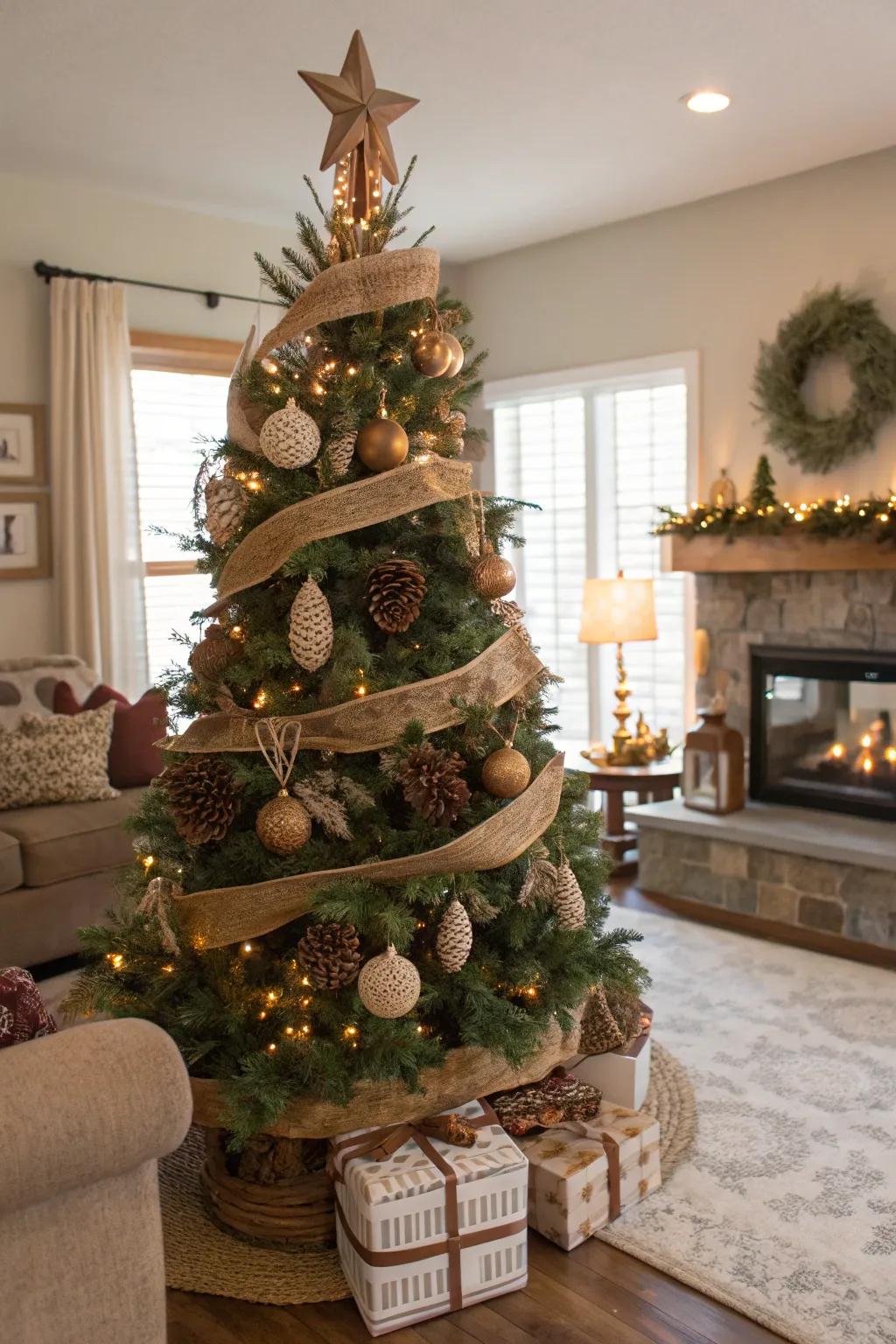 Rustic elements create a warm and inviting farmhouse Christmas tree.