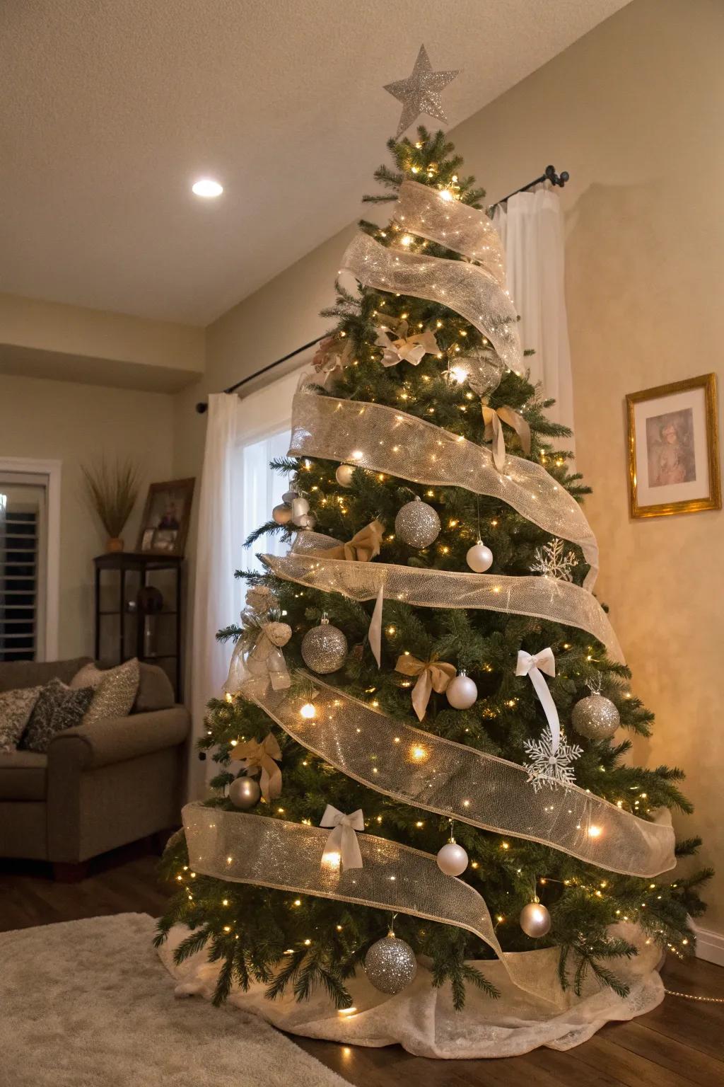 A Christmas tree displaying layered see-through and solid ribbons, engendering a textured and colorful spectacle.