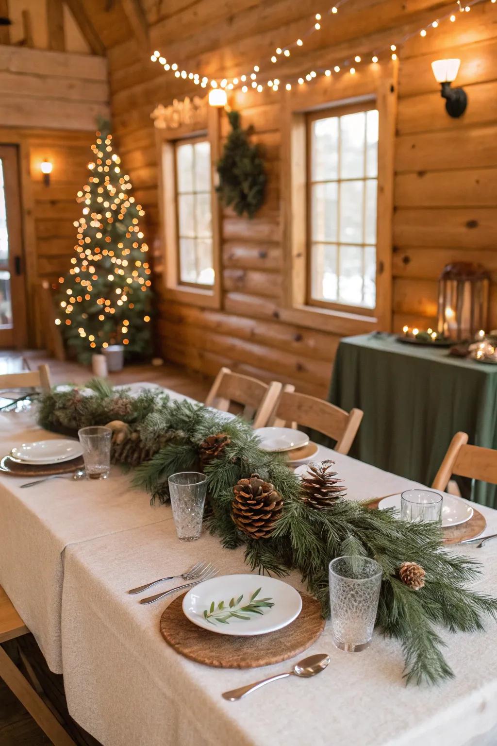 Country charm with cones and evergreens.