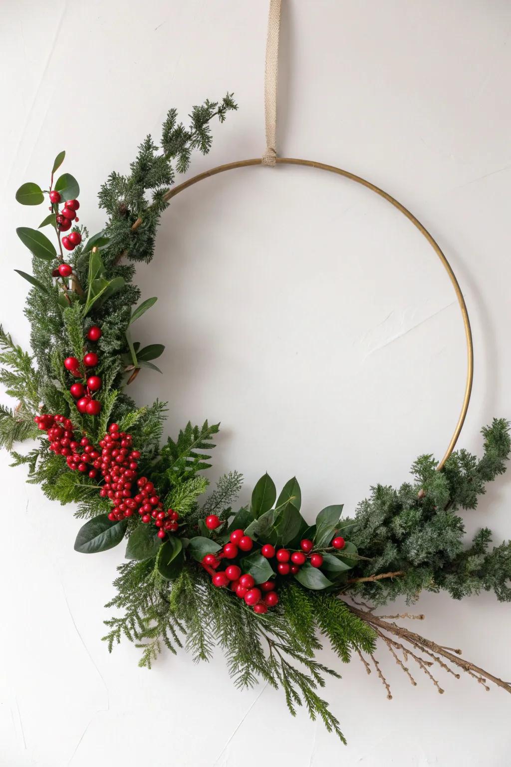 A minimalist half wreath with greenery and subtle red berry accents.