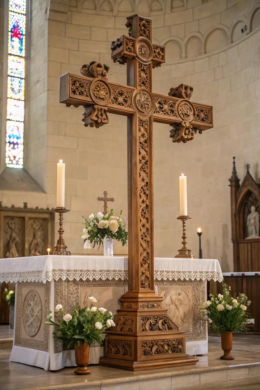 An altar adorned with intricate wooden cross and carvings, adding rustic charm.