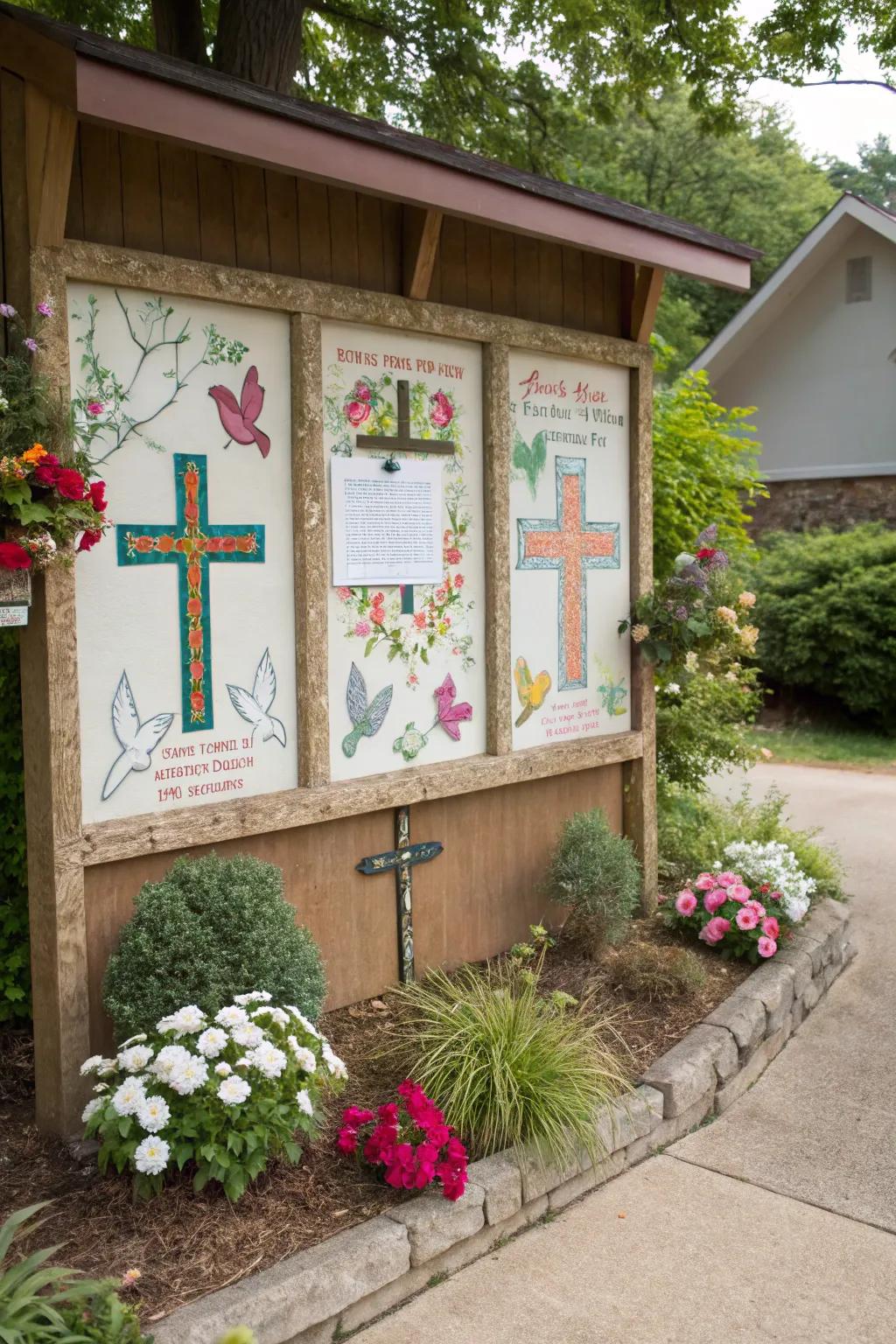A faith-inspired art display featured on a church bulletin board.