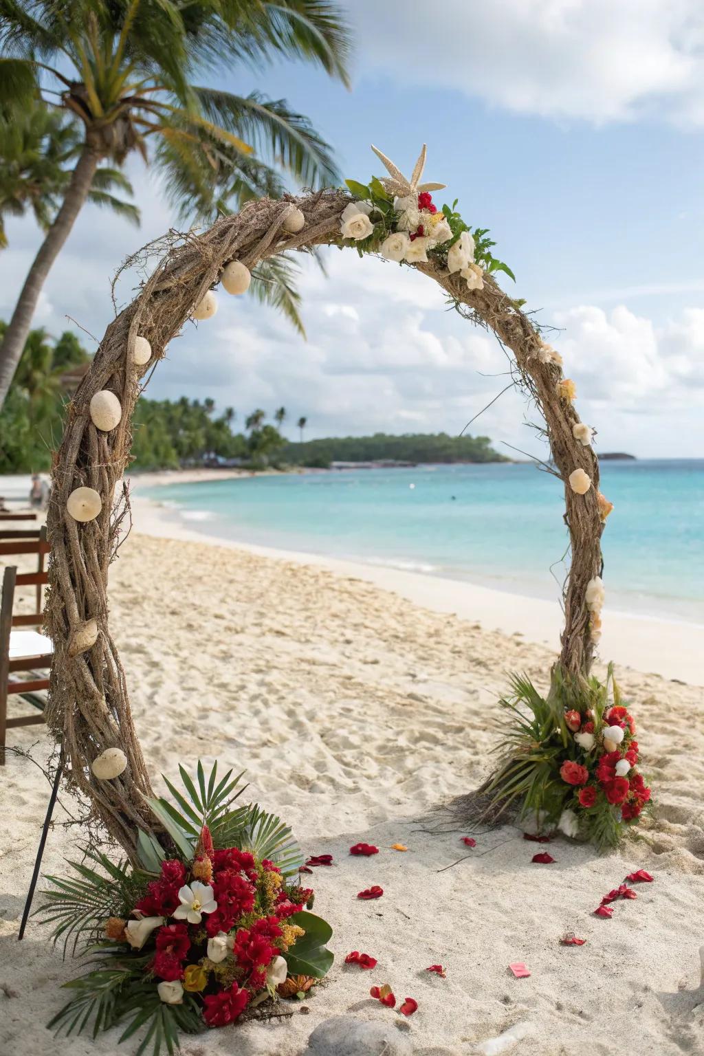 A beach-themed circle arch decorated with oceanic elements.