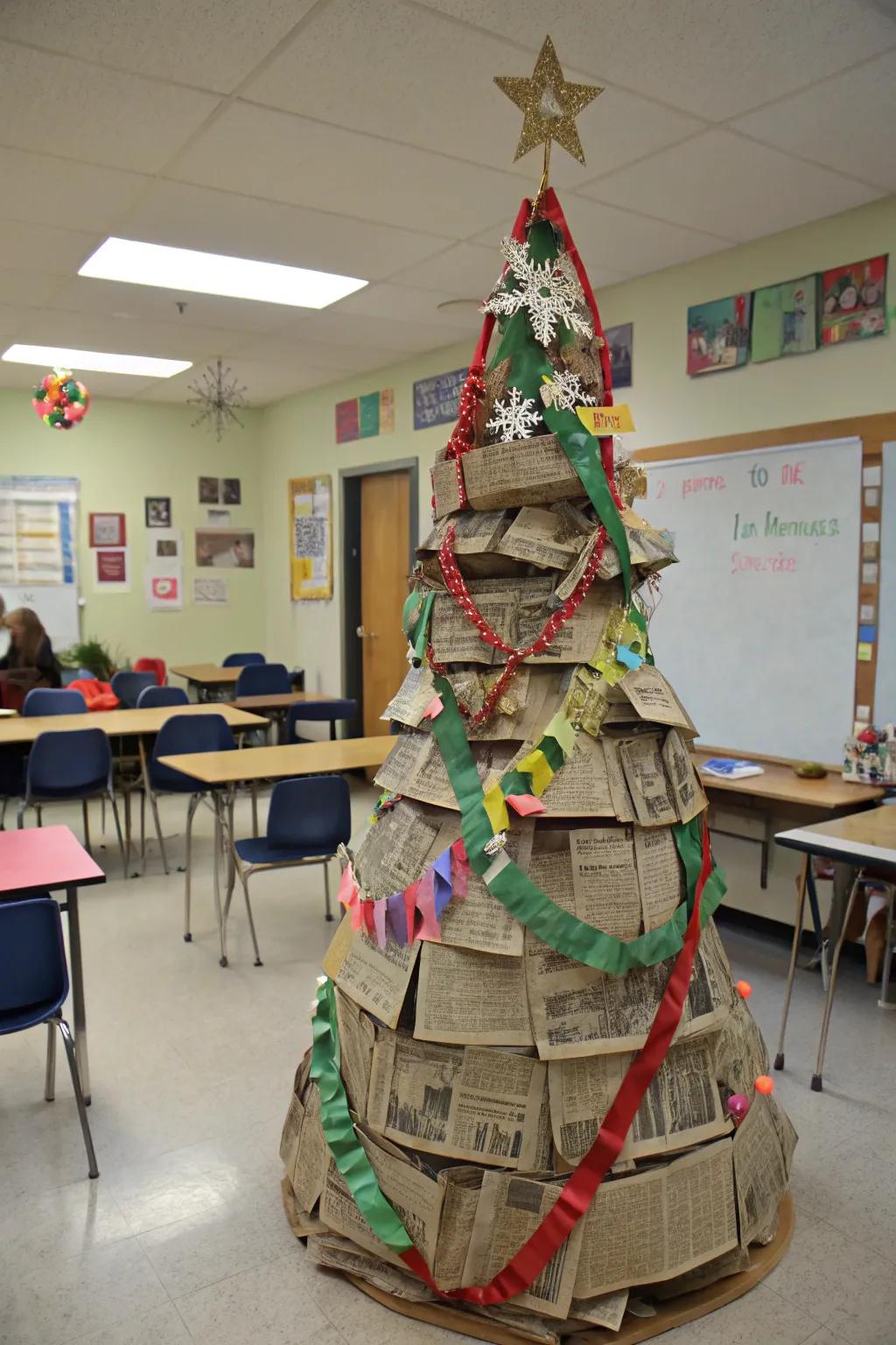 A sustainable Christmas tree made from recycled materials