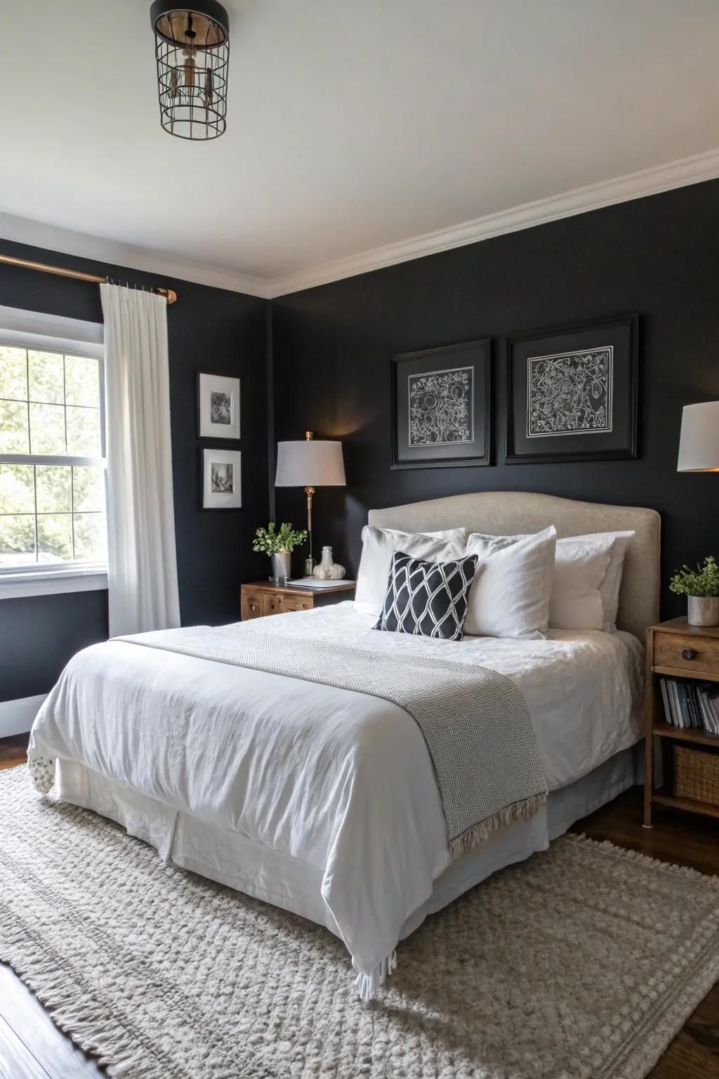 Dramatic and private ambiance is created by striking black walls.
