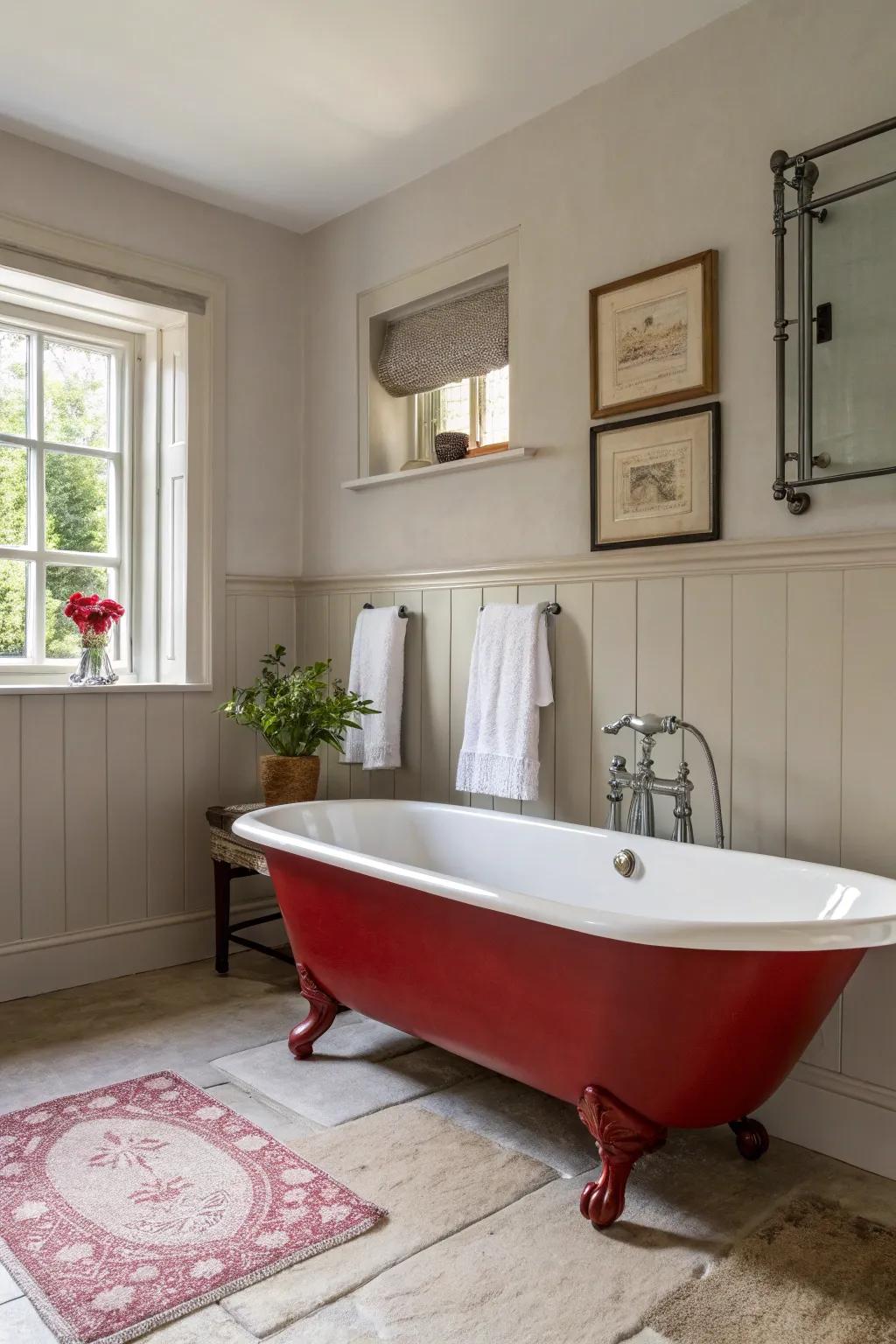 A bold red bath that makes a strong statement in a simple setting.