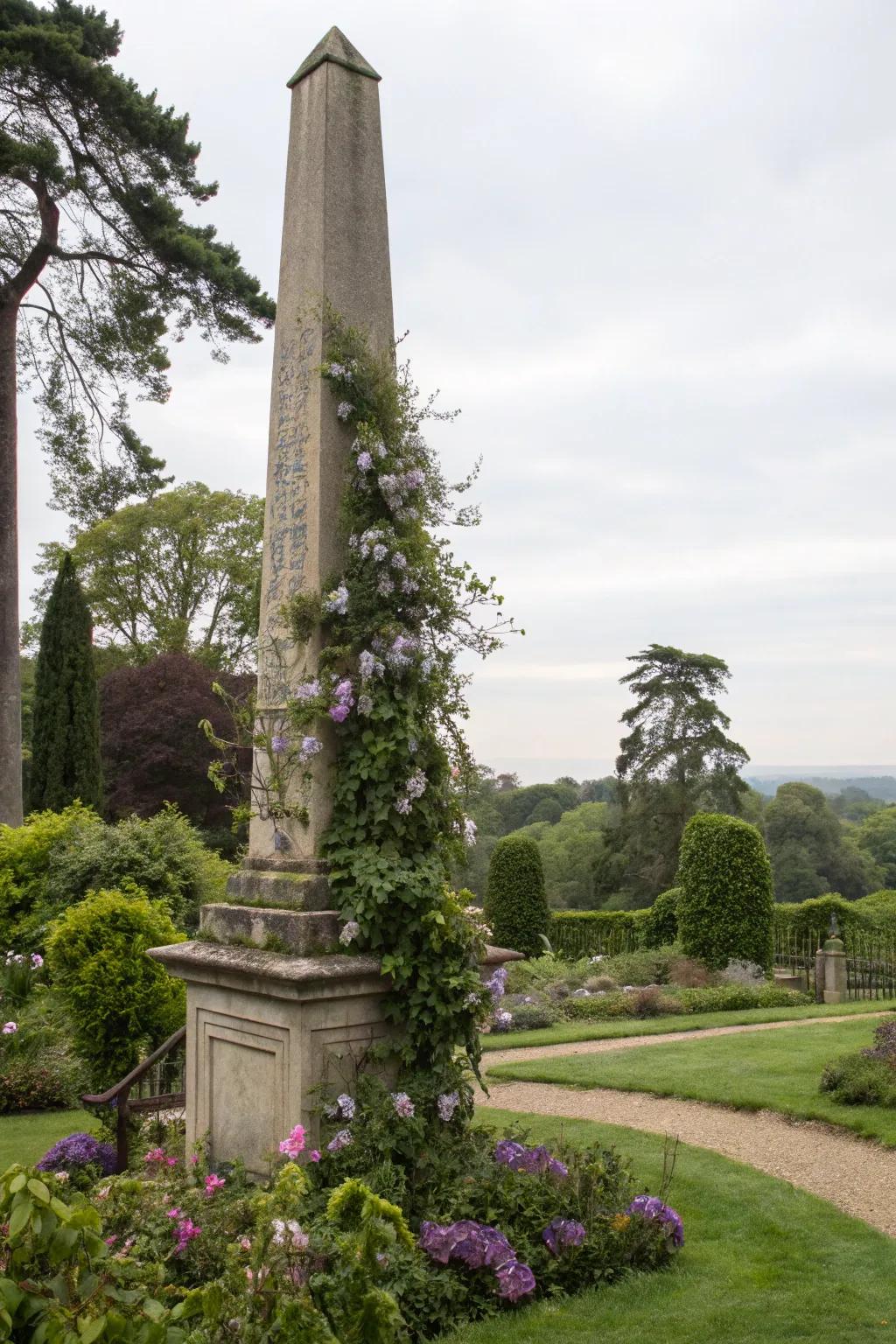 A standalone obelisk offers an impressive vertical structure for clematis to thrive.