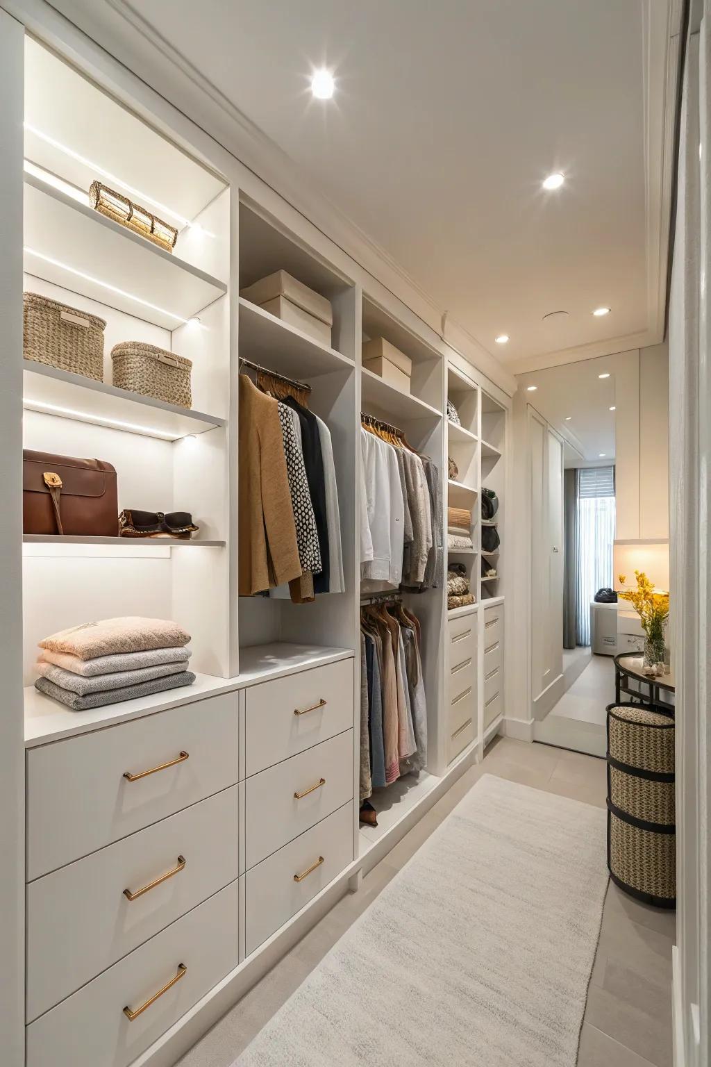 Neutral colors create a spacious and inviting closet ambiance.
