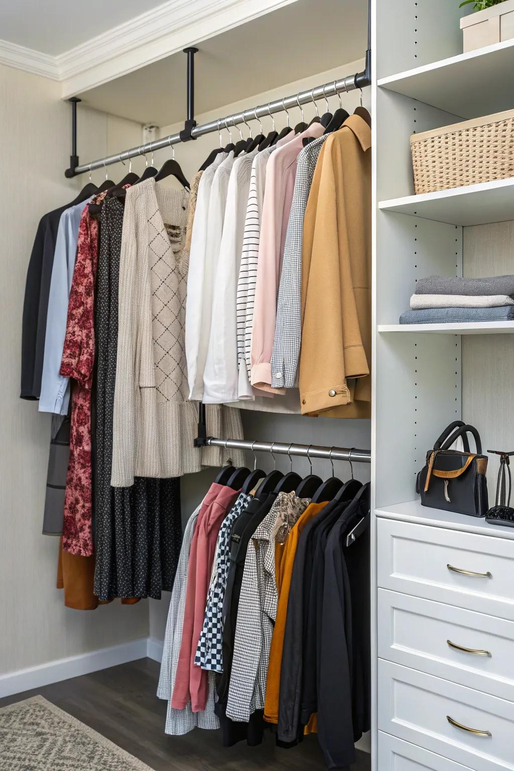 Adjustable rods offer adaptable storage solutions for varying needs.