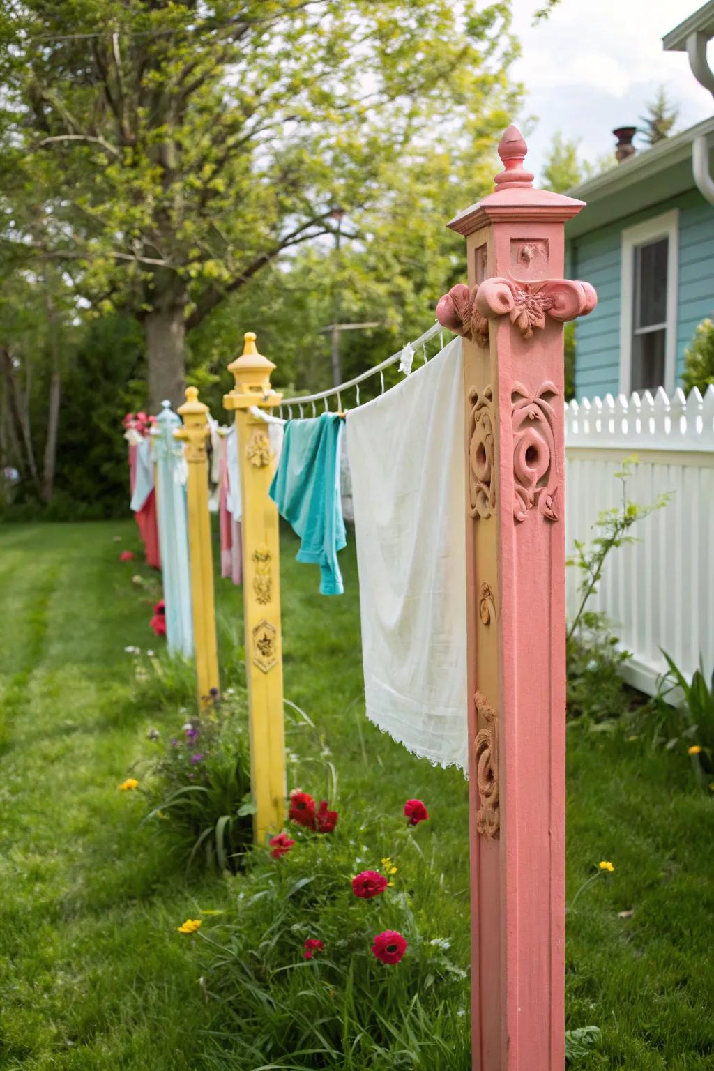 Brighten your clothesline with painted columns and brackets.