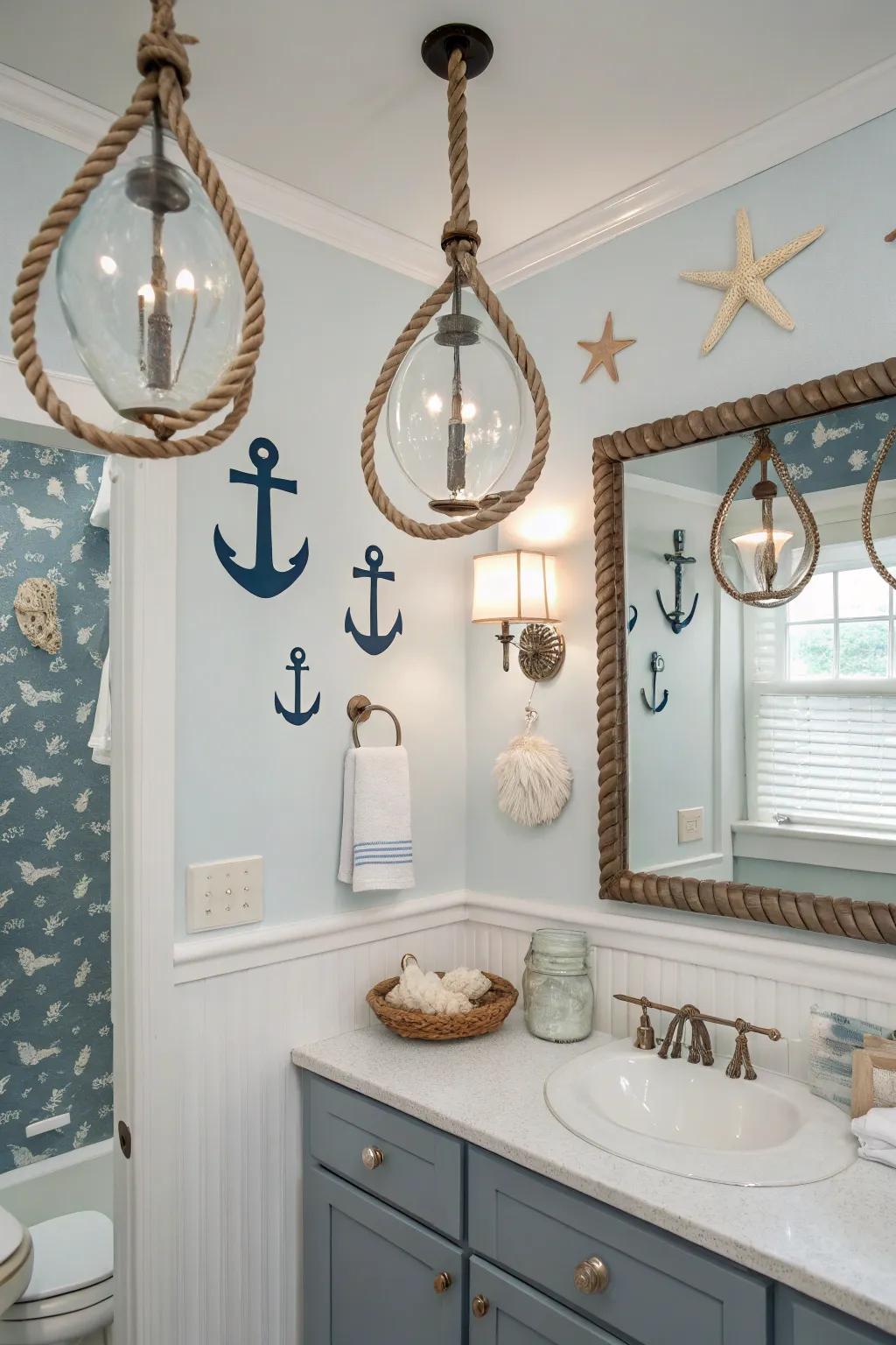 Maritime lighting enhances a cozy, coastal ambiance.