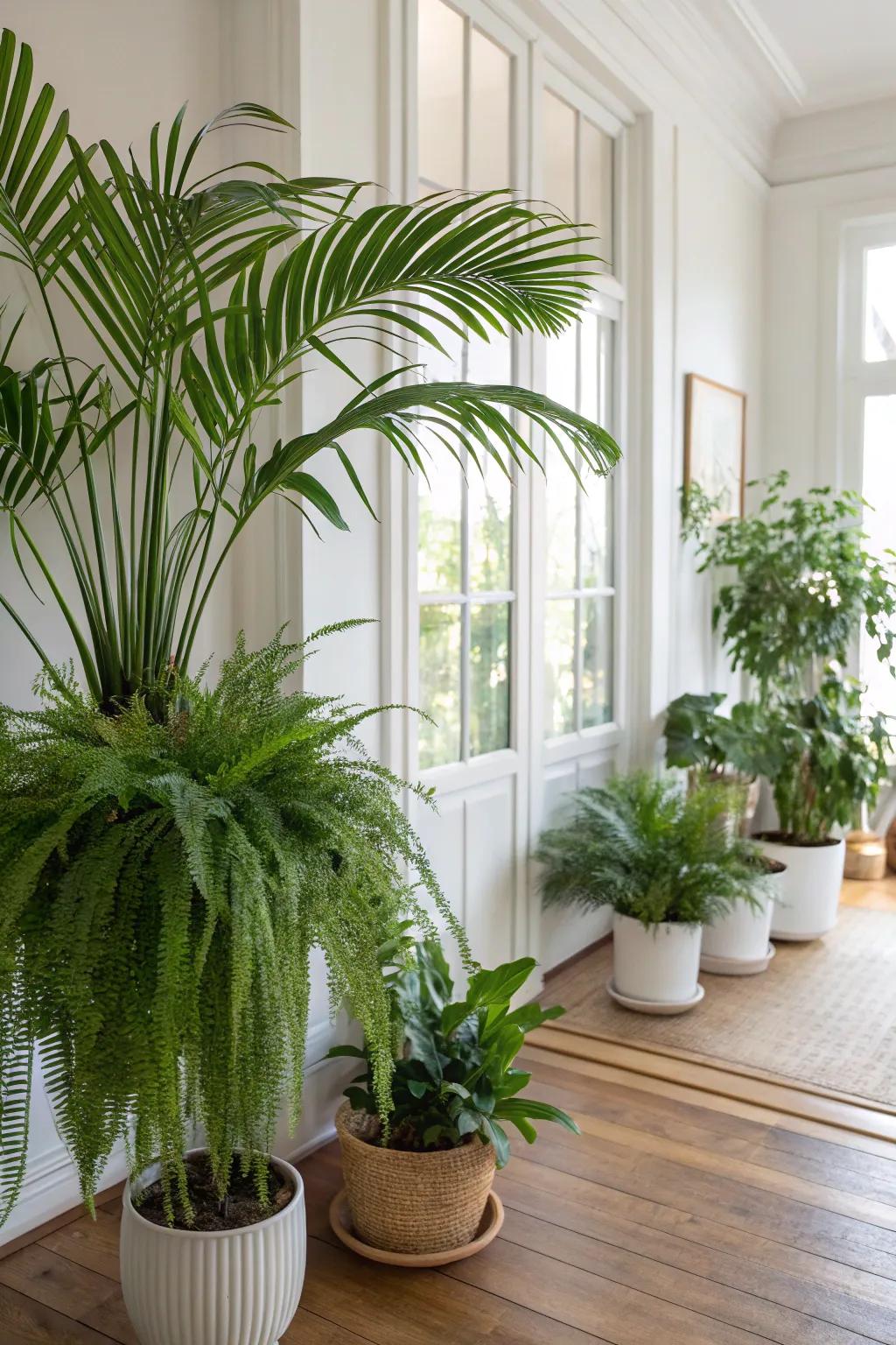 A room livened up by lush greenery and coastal decor.