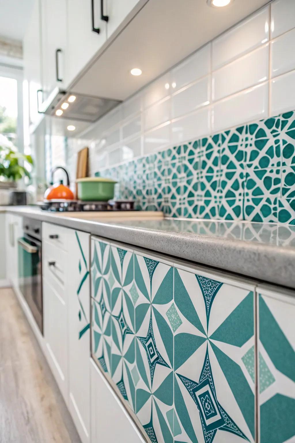 Geometric tiles add a modern edge to coastal decor.