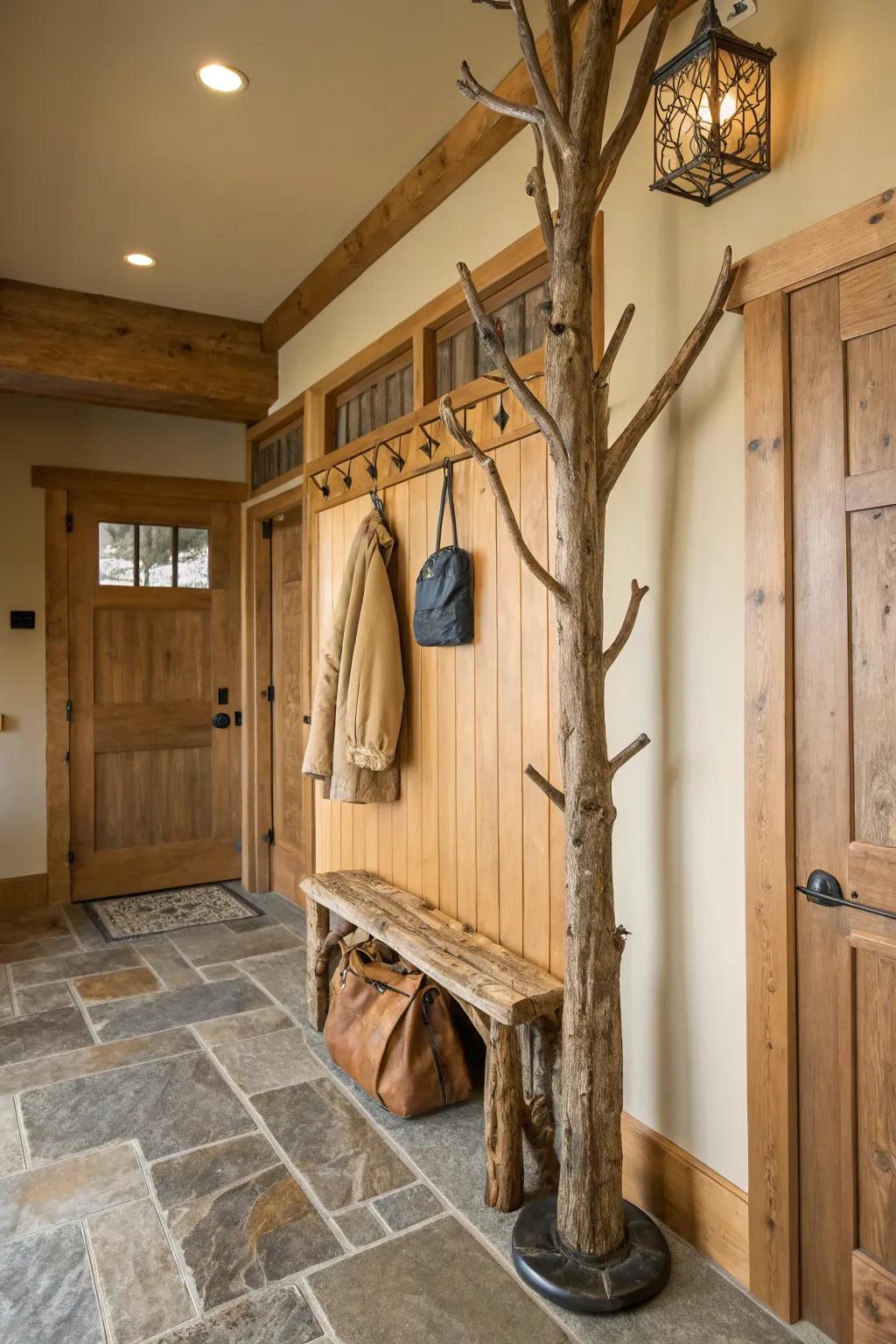 A country-style coat rack produced from timber pieces, enhancing the inherent sensation of the entryway.