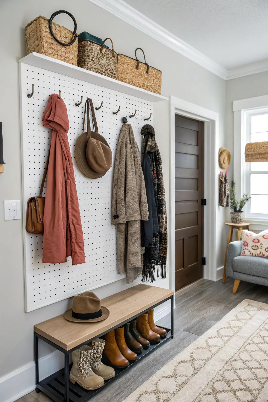 A pegboard providing versatile and adaptable storage.