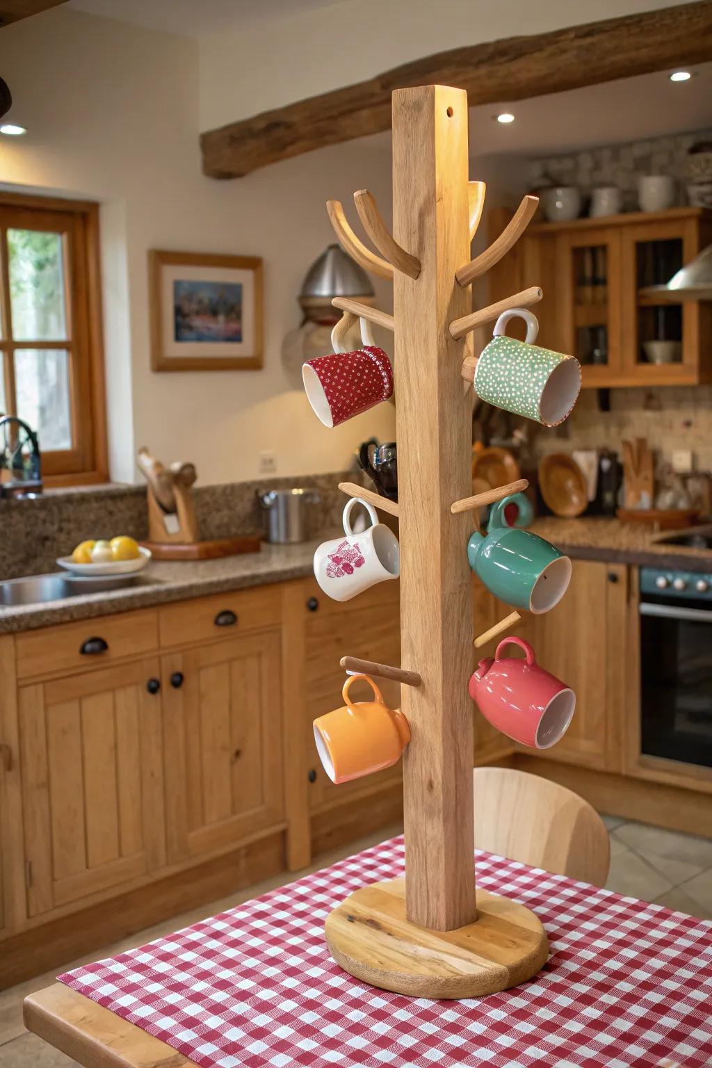 A mug tree displaying a colorful mug collection.