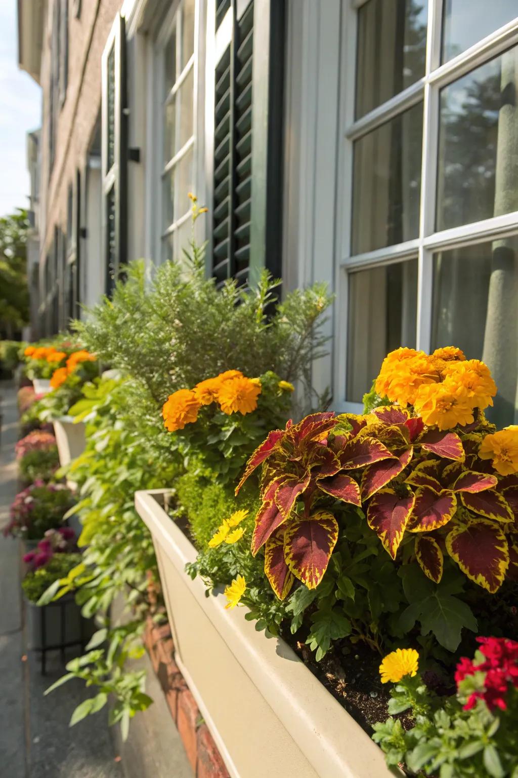 Coleus and marigolds create a vibrant summer display.