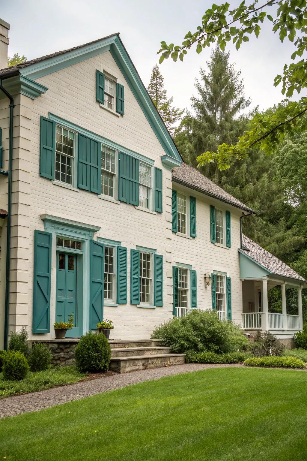 A distinguished colonial house with a neutral facade and subtle blue-green accents.