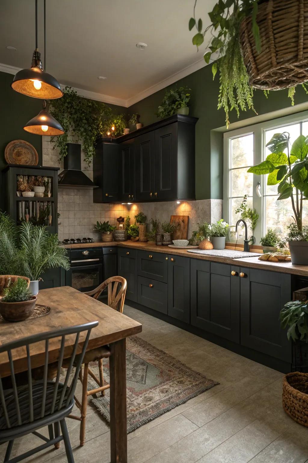 Dark cabinets with soft green walls create a relaxing and nature-inspired kitchen setting.