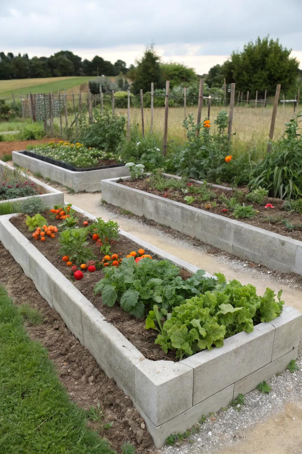 Concrete edging adds structure to raised garden beds.
