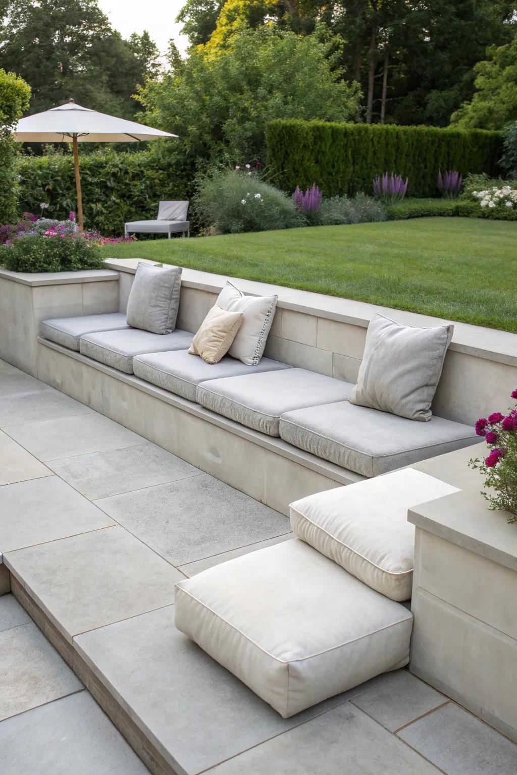 Integrated seating turns patio borders into functional spaces.