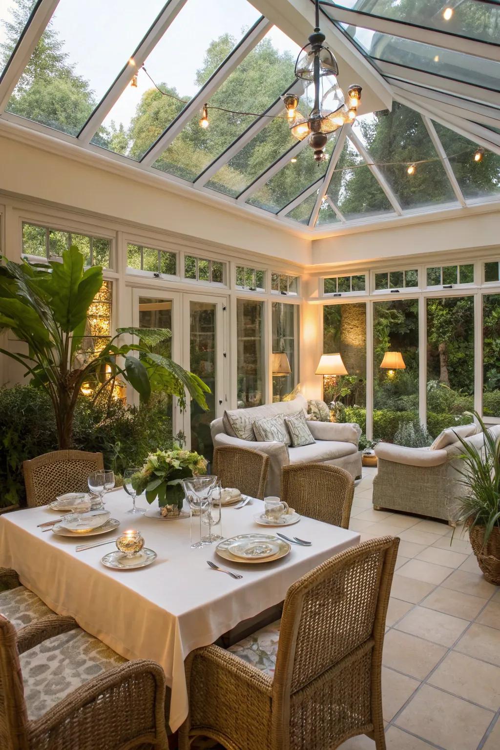 A flexible conservatory area with spots for eating and unwinding.