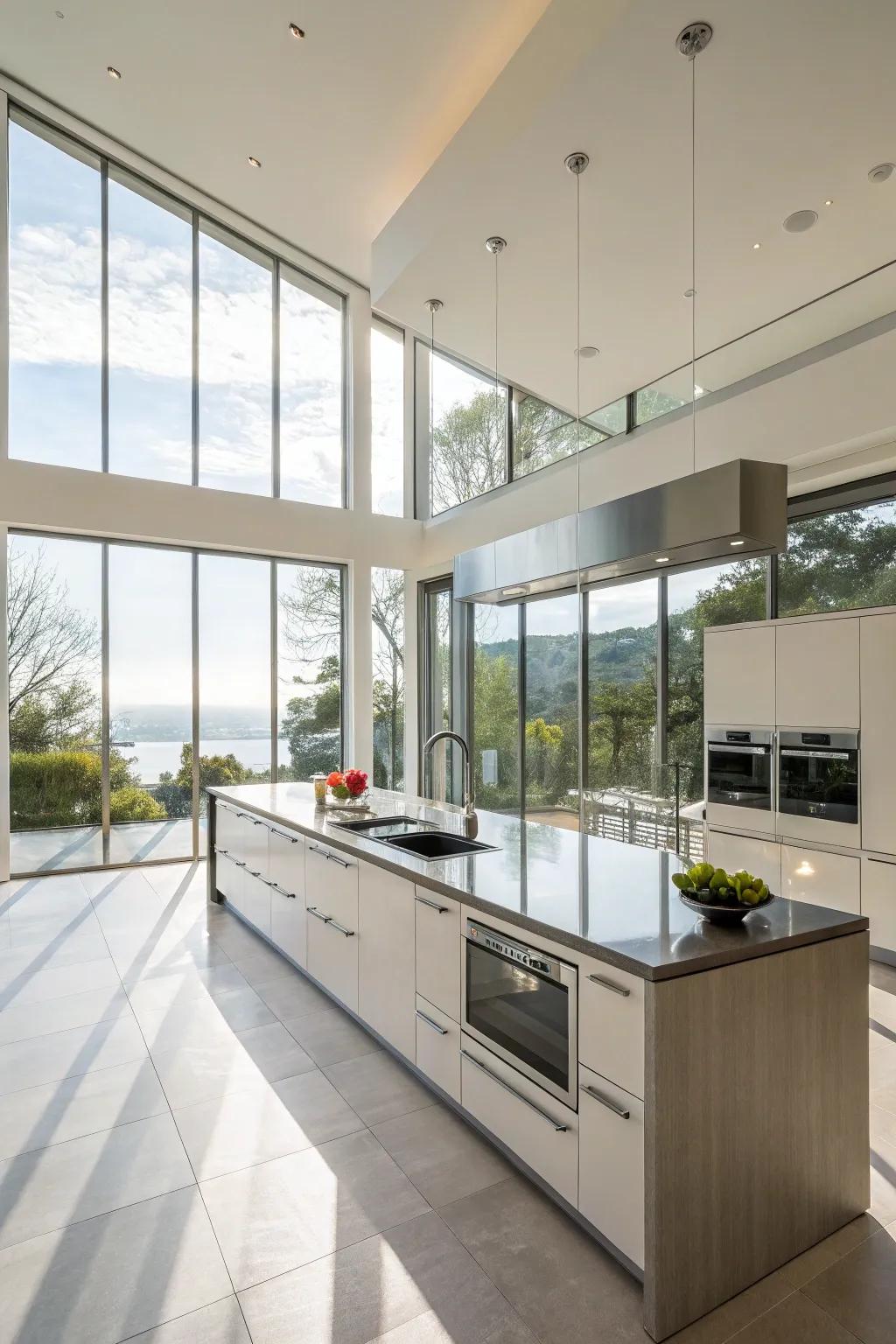 Large windows fill the kitchen with natural light, enhancing its appeal.