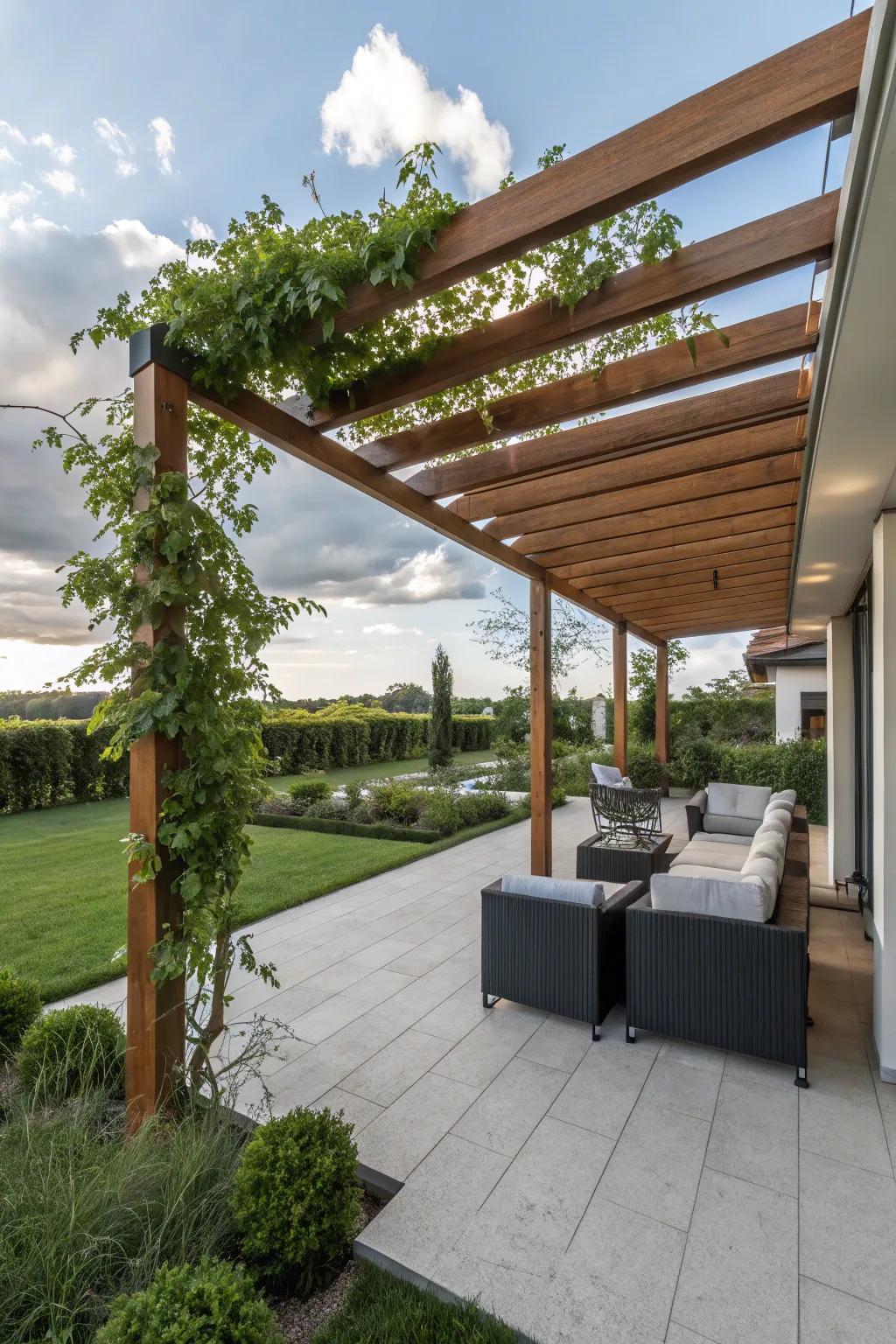 A stylish wooden pergola adding charm and shade to a patio.