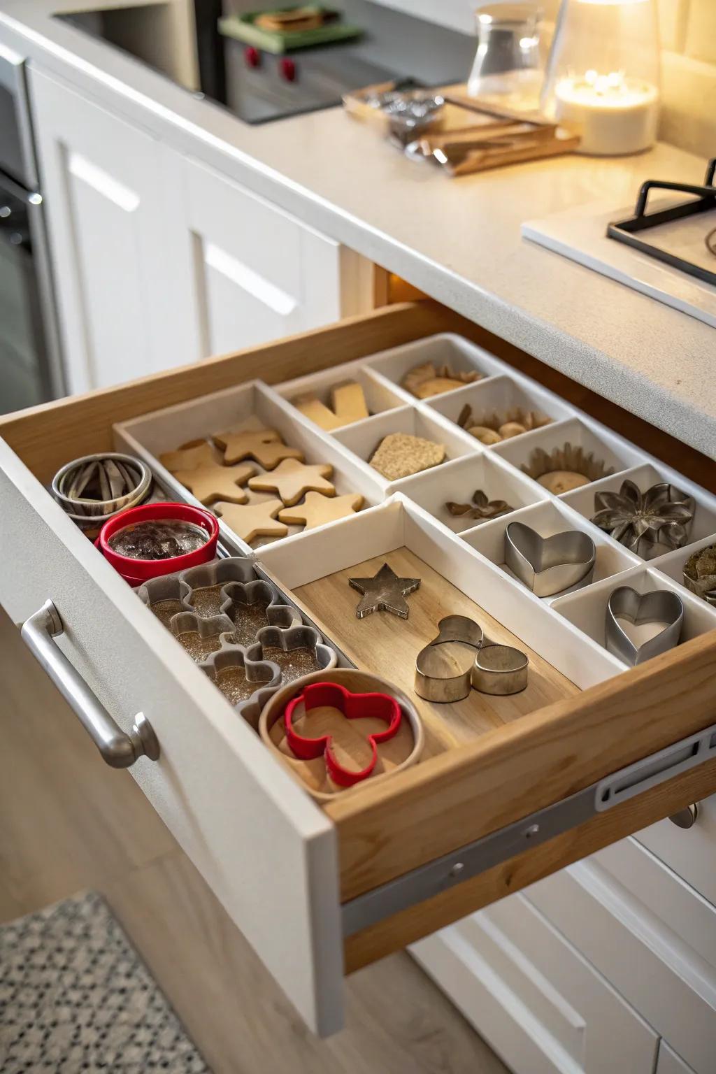 A drawer equipped with dividers, arranging cookie embossers by category.