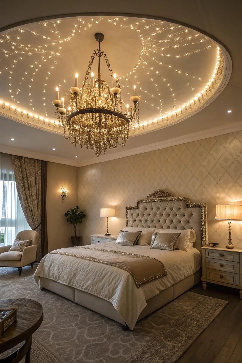 Distinctive lighting fixtures give charm and warmth to the bedroom.
