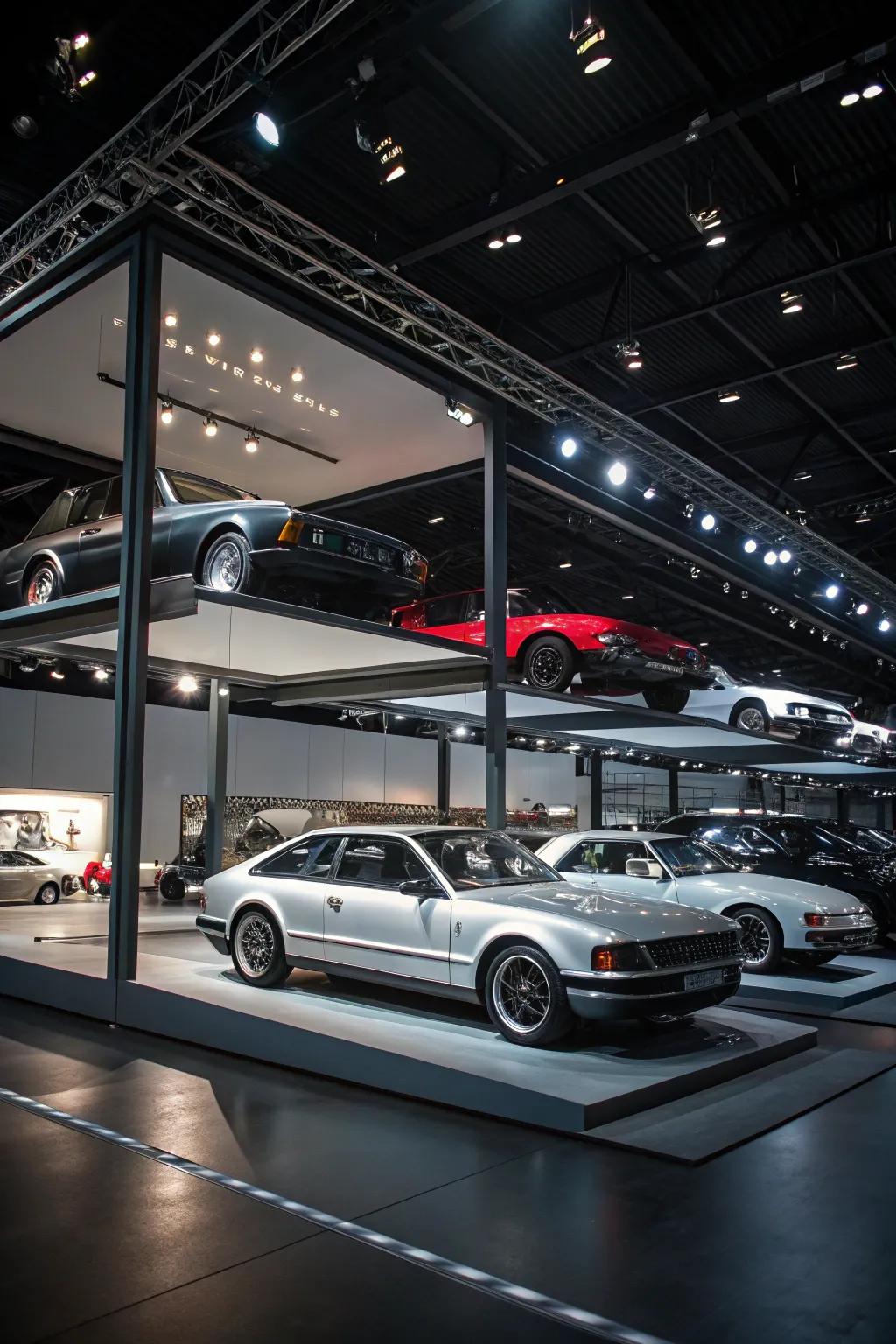 An automobile display garage with cars highlighted by tailored lighting.