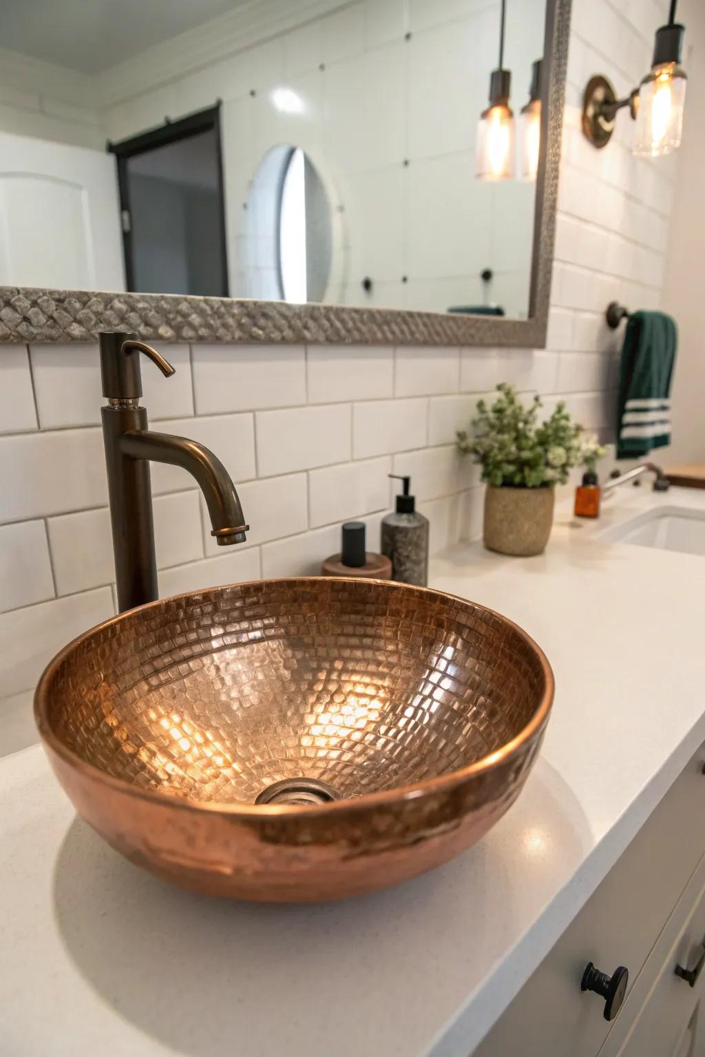 The textured finish of this copper sink introduces a layer of sophistication to the bathroom's ambiance.