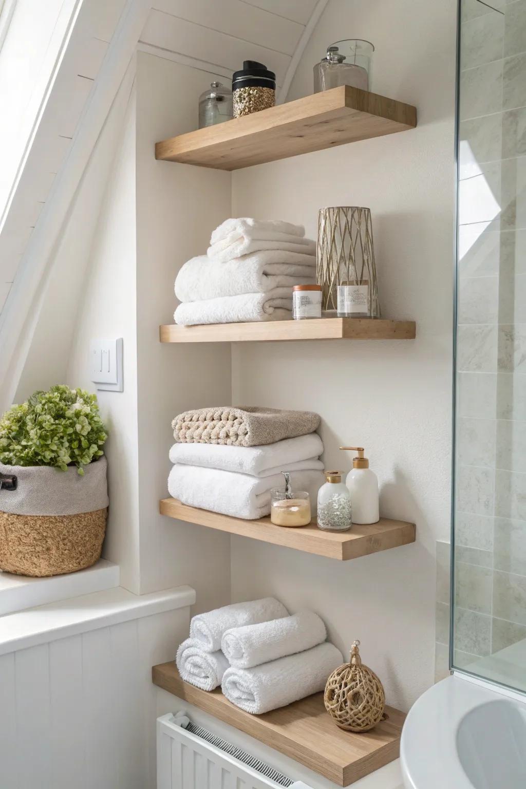 Floating shelves add storage and style to bathroom corners.