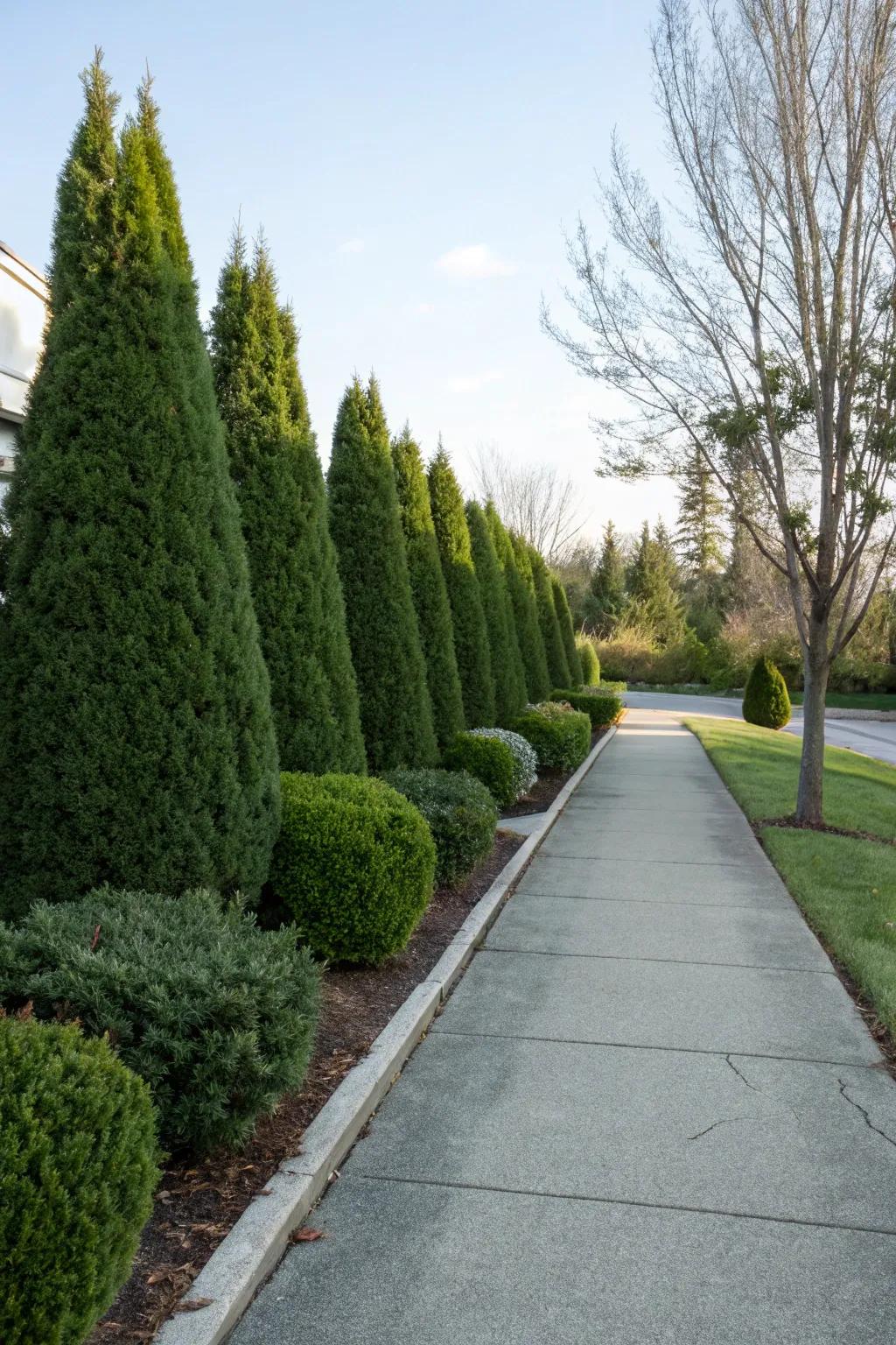 Lush evergreen shrubs providing a refined look along a driveway boundary.
