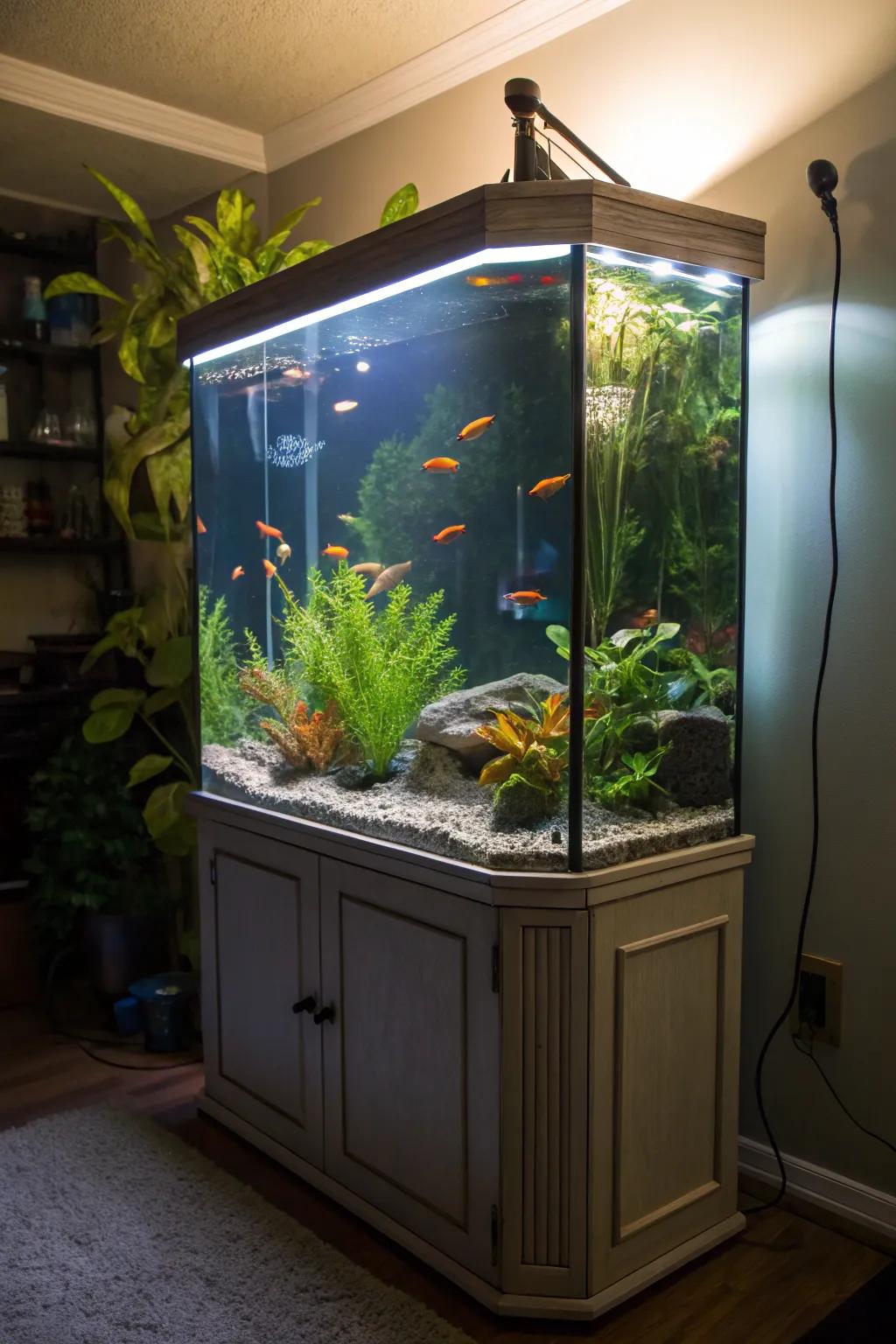 Diode lighting brings out the bright colors of fish and plants in a corner tank.