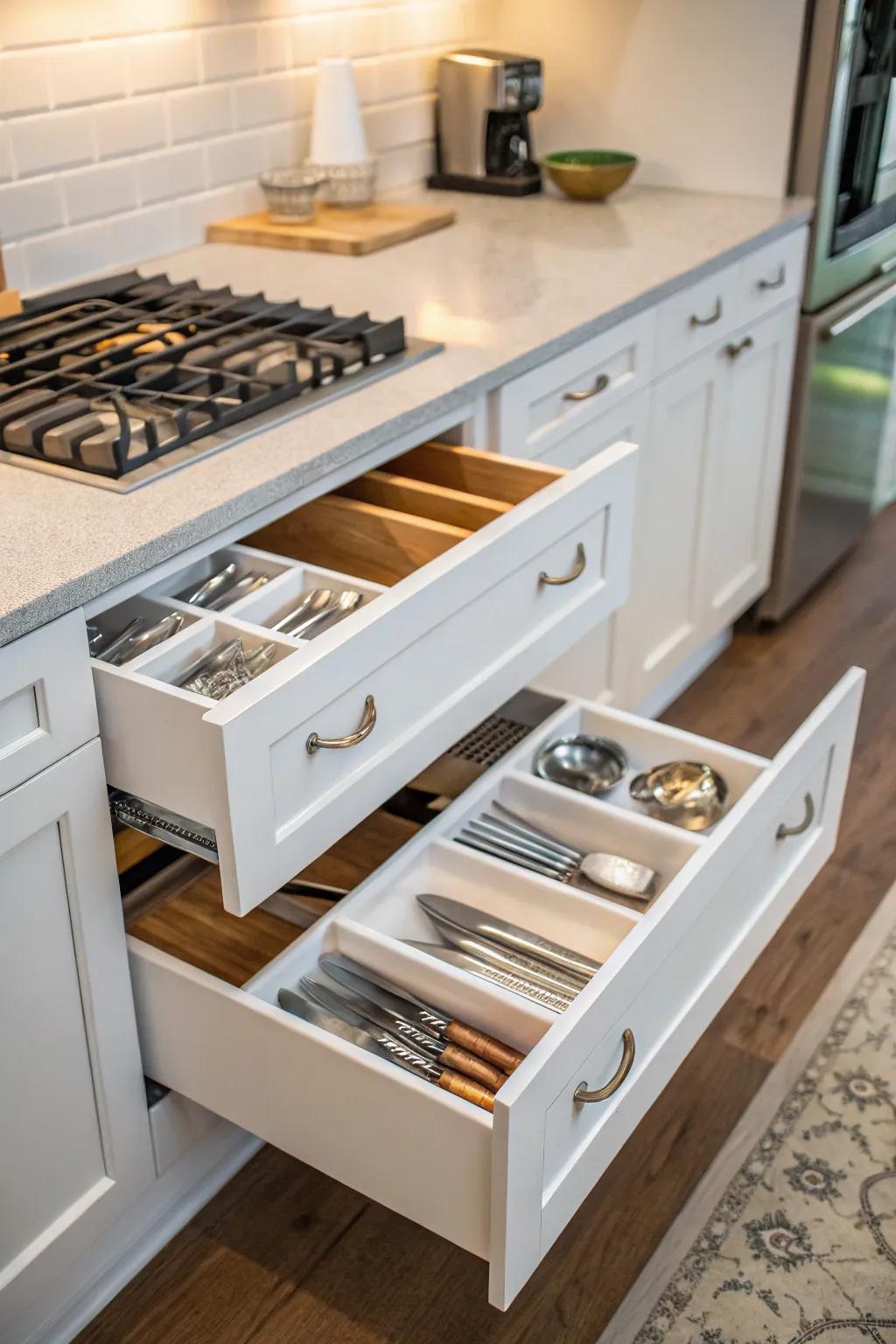 Corner drawers provide a clever way to maintain an organized kitchen.