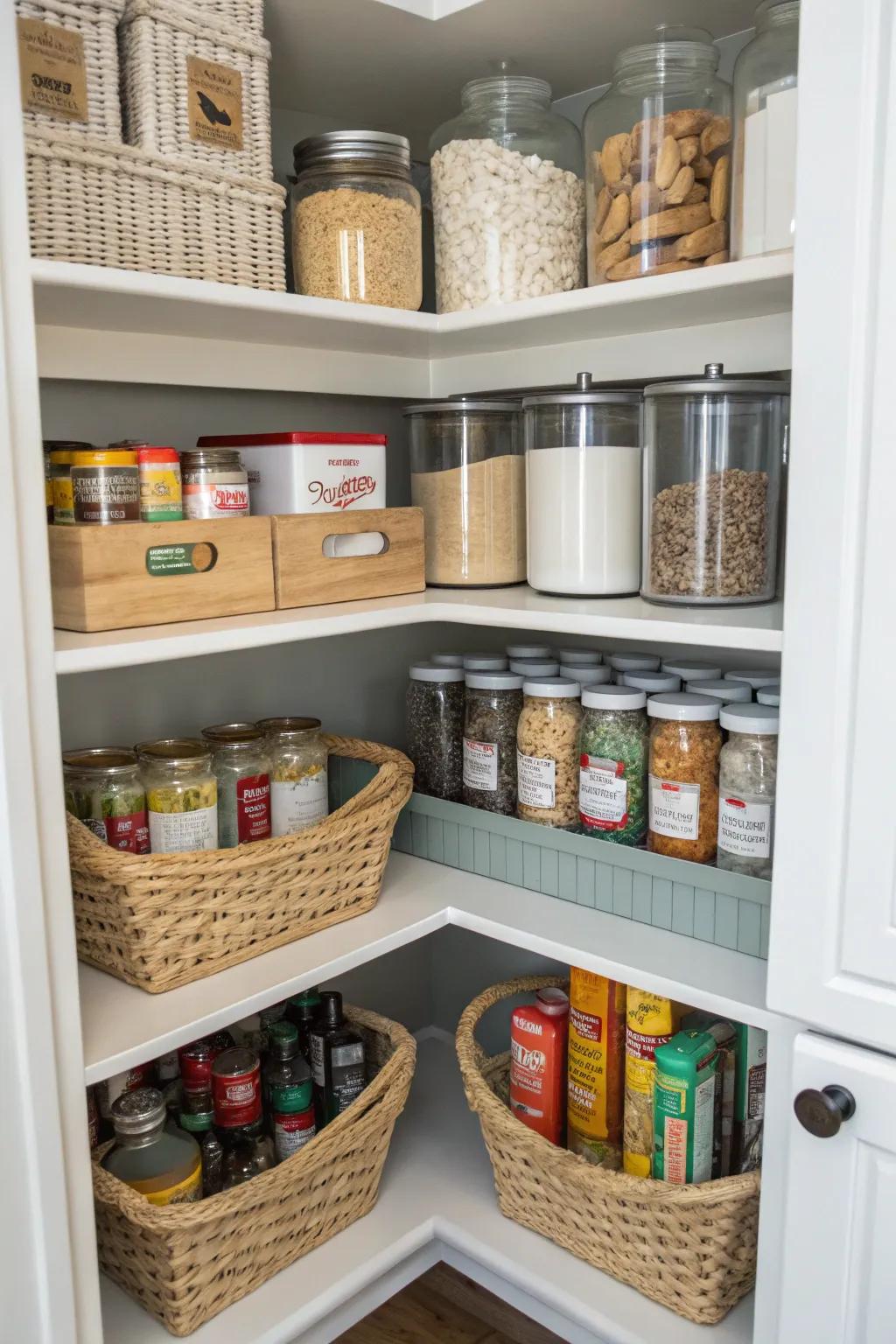 Adjustable corner shelving in a pantry for adaptable storage.