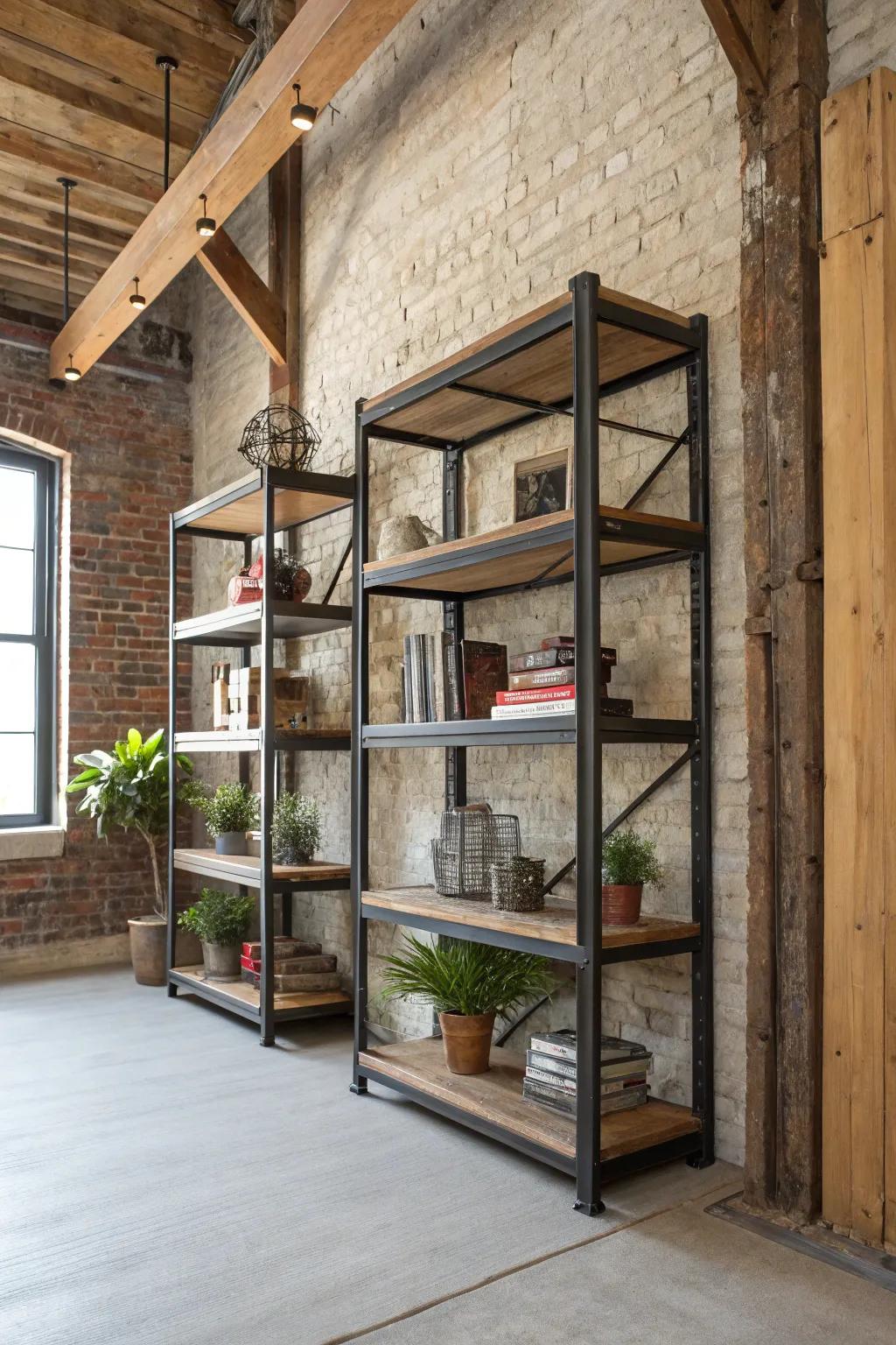 Industrial corner shelves in a loft-style room.